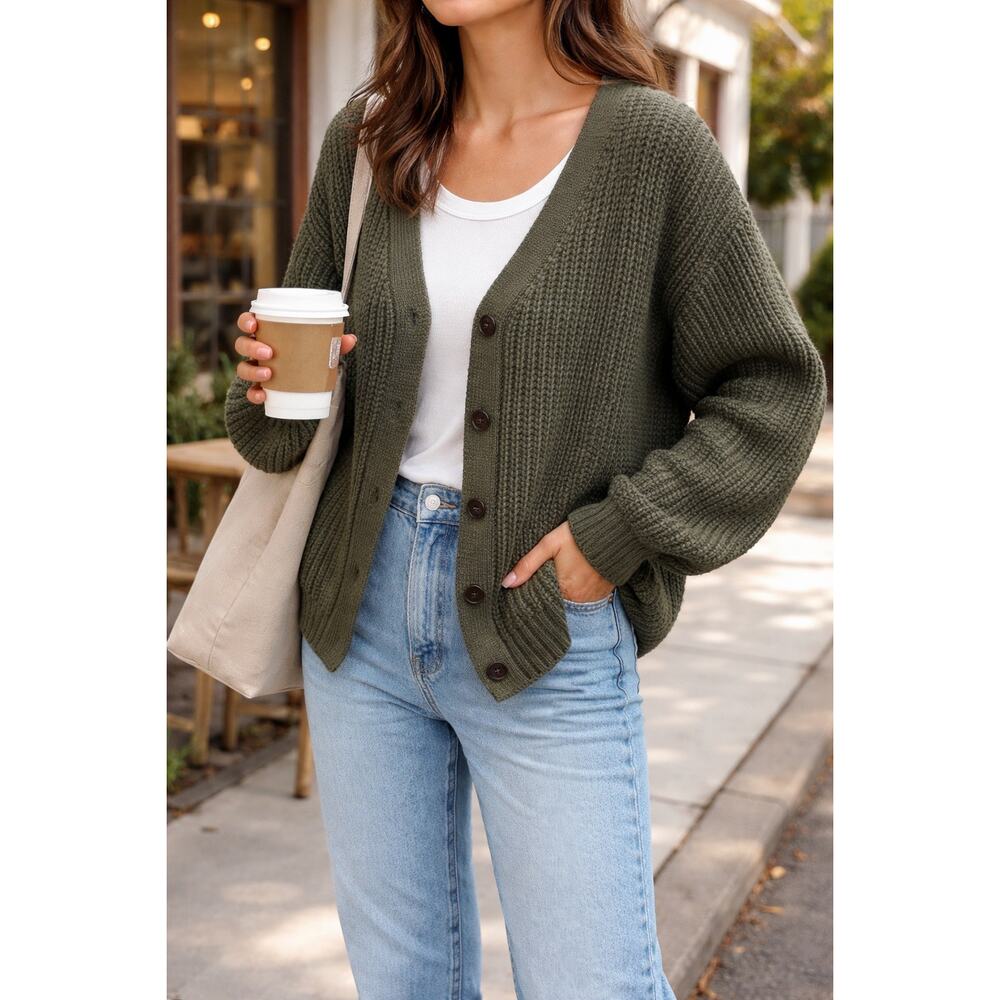 Qualfort Olive Green Waffle Knit Cardigan 2XL Button Front Cotton EUC